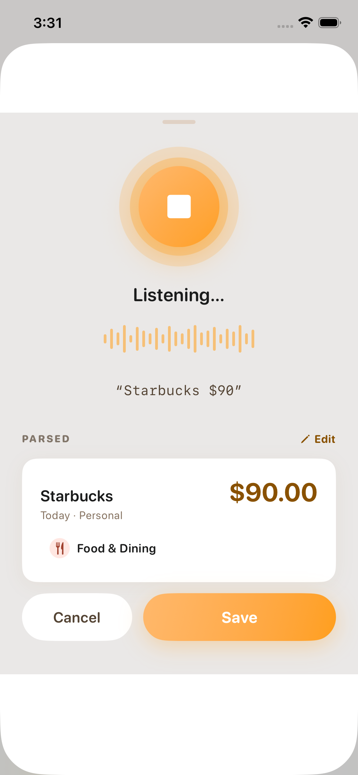 SaveScout Quick Voice Log — say an expense and it logs instantly