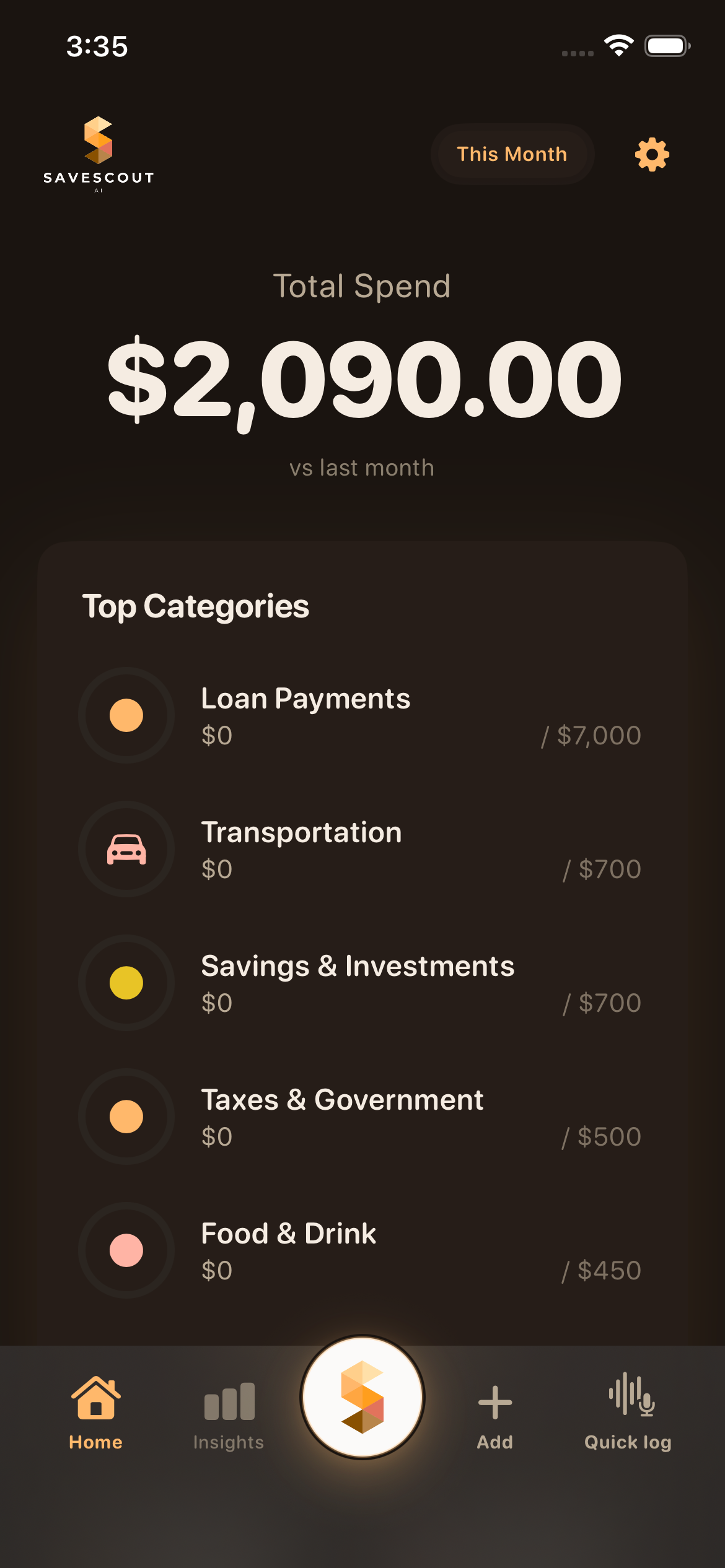 SaveScout AI home dashboard — dark mode