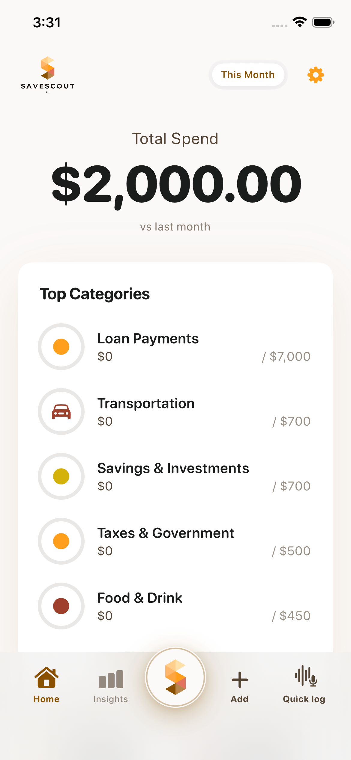 SaveScout AI home dashboard — light mode