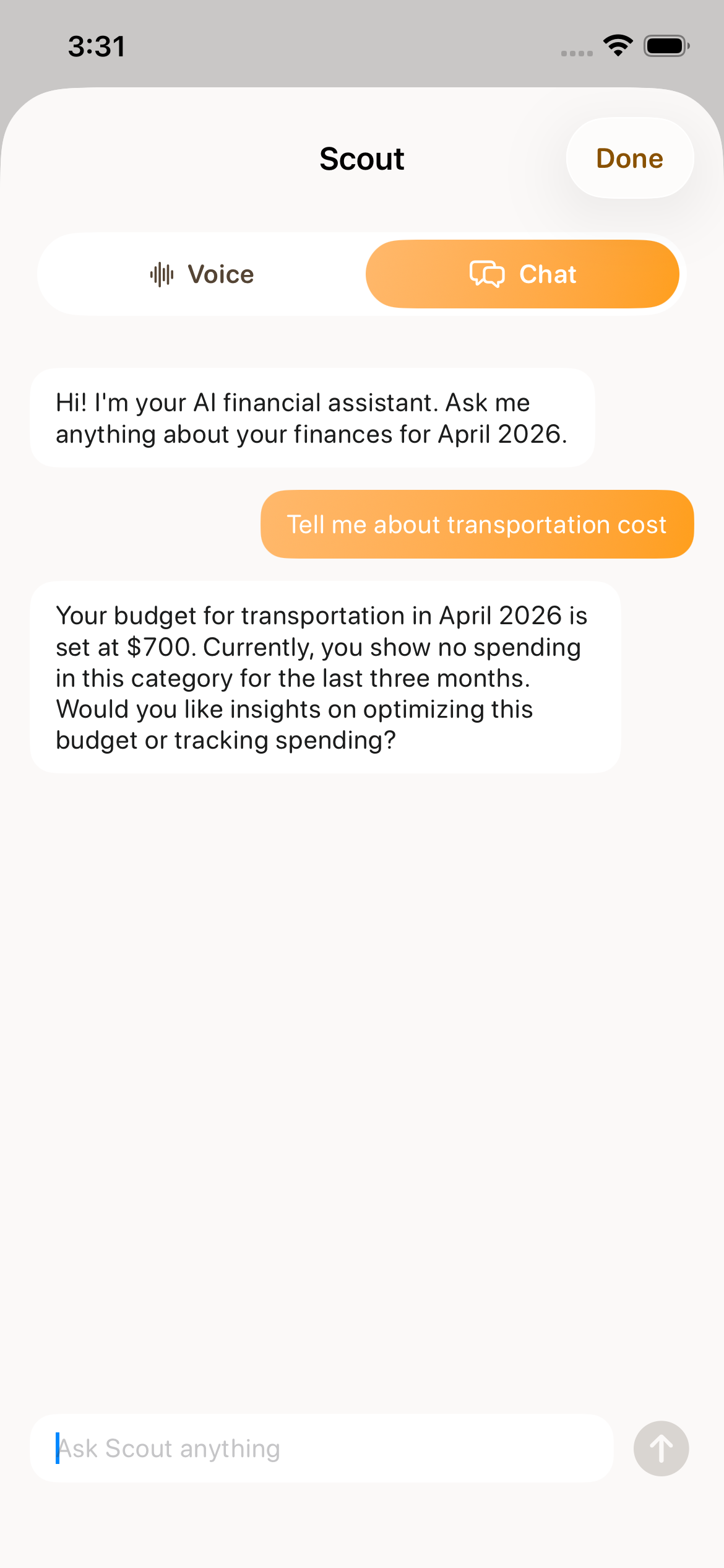 SaveScout Scout chat — ask a question, get a real answer grounded in your spending
